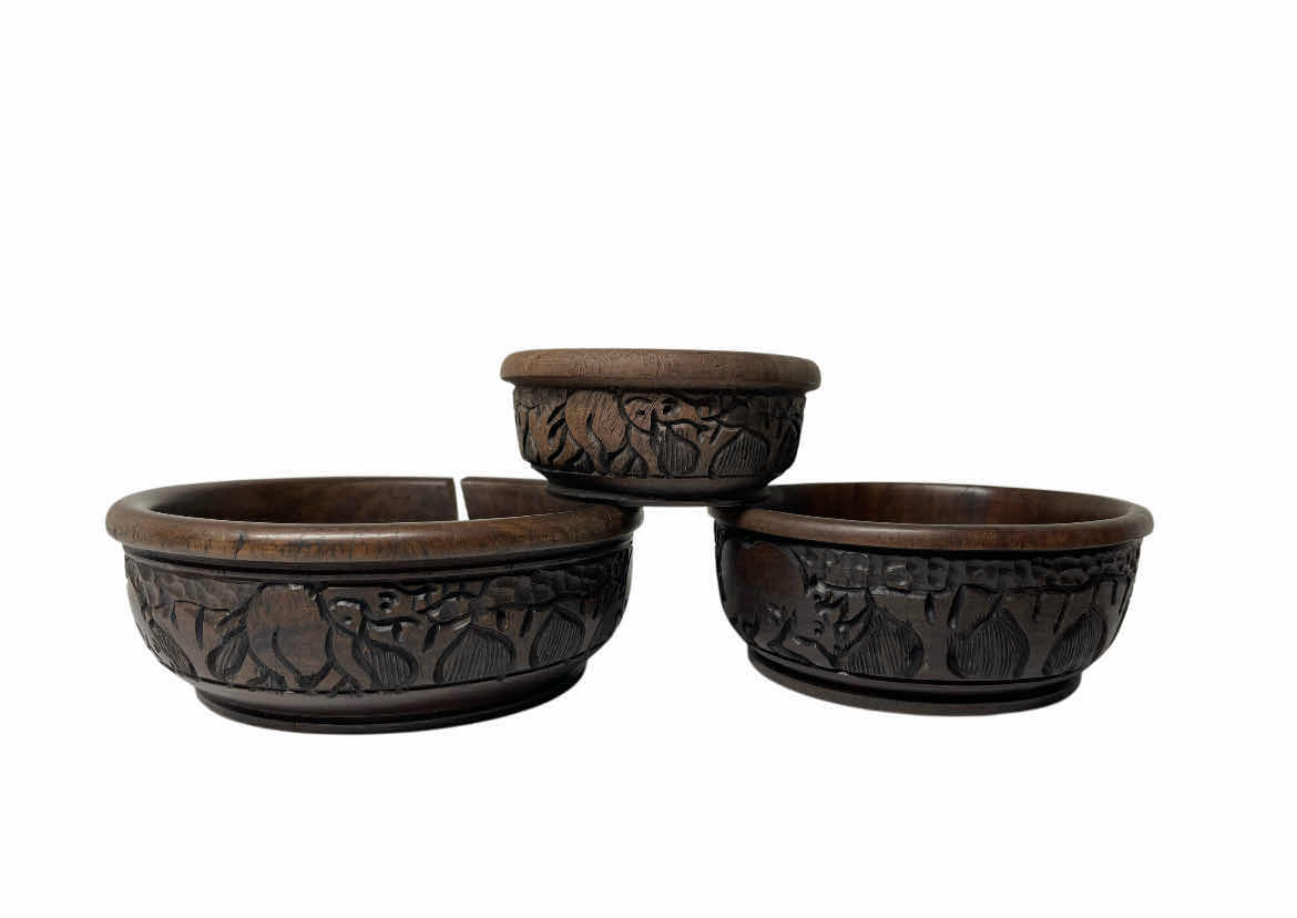 Photo 1 of AFRICAN SAFARI HAND CARVED EBONY WOOD BOWLS (3) 7” X 2.5”/6” X 2.5”/4.25” X 2”