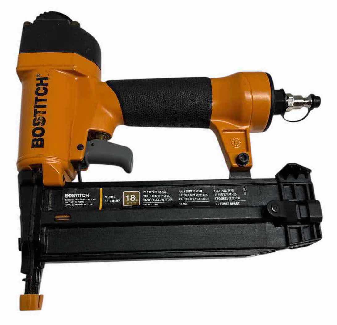 Photo 1 of BOSTITCH 18 GAUGE PNEUMATIC BRAD NAILER (SB-1850BN) & STANLEY BOSTITCH 18 GA 1-3/4” GALVANIZED STEEL BRAD NAILS APPROX QTY 1000 (BT1345B-1M)