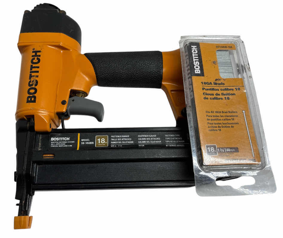Photo 1 of BOSTITCH 18 GAUGE PNEUMATIC BRAD NAILER (SB-1850BN) & STANLEY BOSTITCH 18 GA 1-3/4” GALVANIZED STEEL BRAD NAILS APPROX QTY 1000 (BT1345B-1M)
