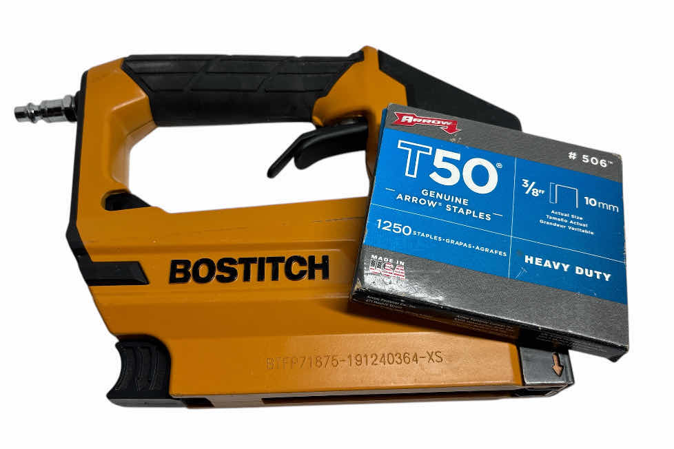 Photo 1 of BOSTITCH 20-GAUGE 3/8” NARROW CROWN FINISH STAPLER (BTFP71875) & T50 GENUINE ARROW STAPLES #506 3/8” HEAVY DUTY (APPROX 1000 STAPLES)