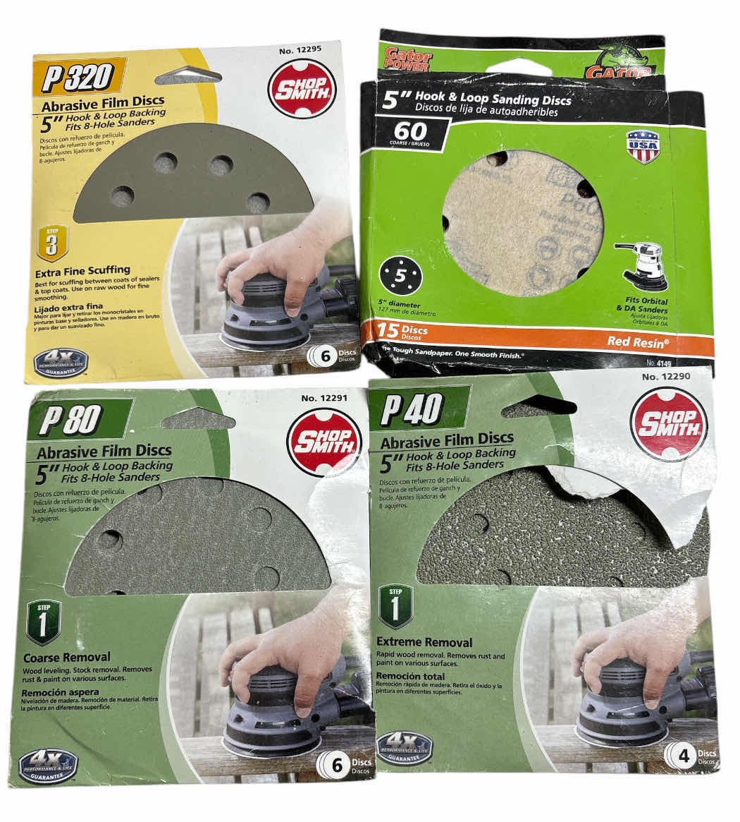 Photo 1 of BOSCH 2.5 AMP 5” CORDED VARIABLE SPEED PALM SANDER W DUST COLLECTOR (ROS20VS) & 4-PACKS OF VARIOUS SANDING DISCS