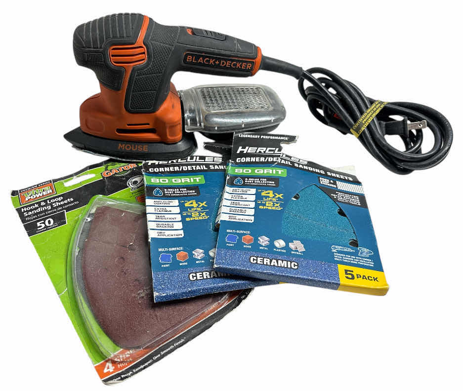 Photo 1 of BLACK + DECKER MOUSE CORDED DETAIL SANDER, 1.2 AMP 16,000 OPM, COMPACT DESIGN W DUST COLLECTOR (BDEMS600) & VARIOUS SANDING SHEETS