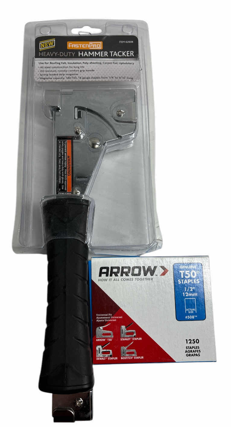 Photo 1 of NEW FASTEN-PRO HEAVY DUTY HAMMER TACKER (62608) & T50 ARROW STAPLES 1/2” 12mm #508 (QTY 1250)