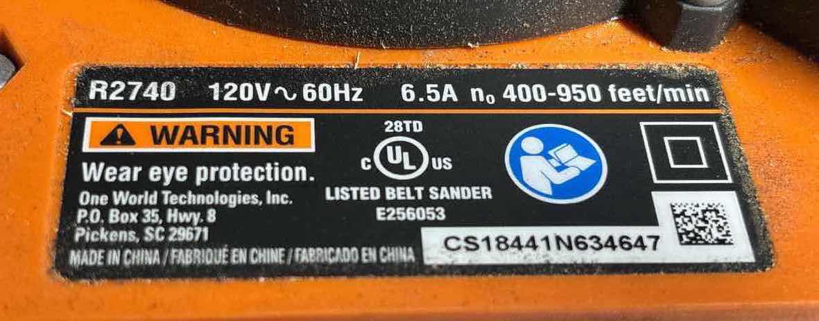 Photo 1 of RIDGID 6.5 AMP CORDED 3” X 18” HEAVY DUTY VARIABLE SPEED BELT SANDER W AIRGUARD TECHNOLOGY (R2740) & DIABLO 3” X 18” ULTRA COARSE 36 GRIT SANDING BELTS (Qty 4)