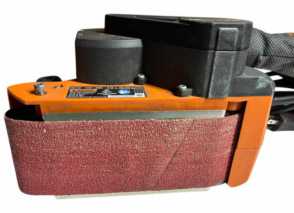 Photo 1 of RIDGID 6.5 AMP CORDED 3” X 18” HEAVY DUTY VARIABLE SPEED BELT SANDER W AIRGUARD TECHNOLOGY (R2740) & DIABLO 3” X 18” ULTRA COARSE 36 GRIT SANDING BELTS (Qty 4)