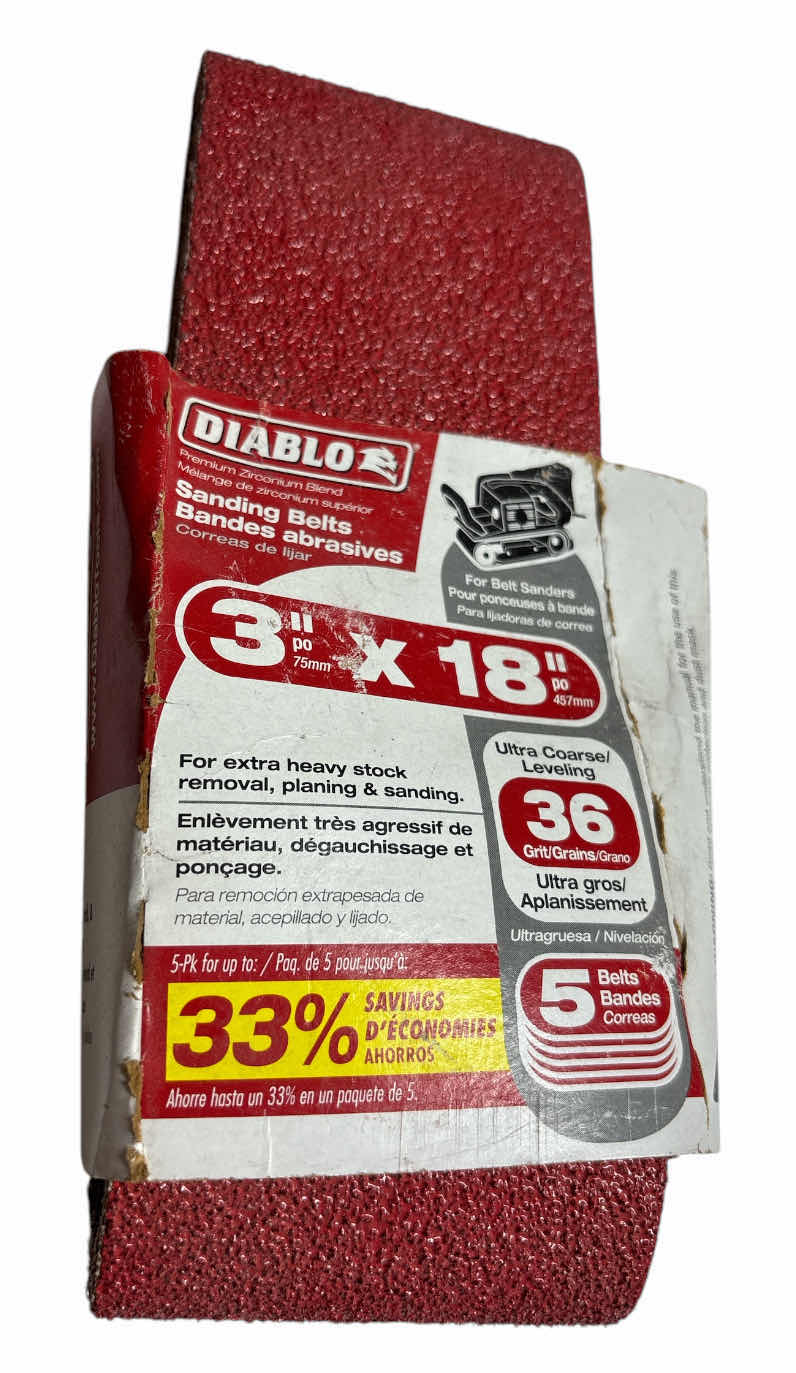 Photo 1 of RIDGID 6.5 AMP CORDED 3” X 18” HEAVY DUTY VARIABLE SPEED BELT SANDER W AIRGUARD TECHNOLOGY (R2740) & DIABLO 3” X 18” ULTRA COARSE 36 GRIT SANDING BELTS (Qty 4)
