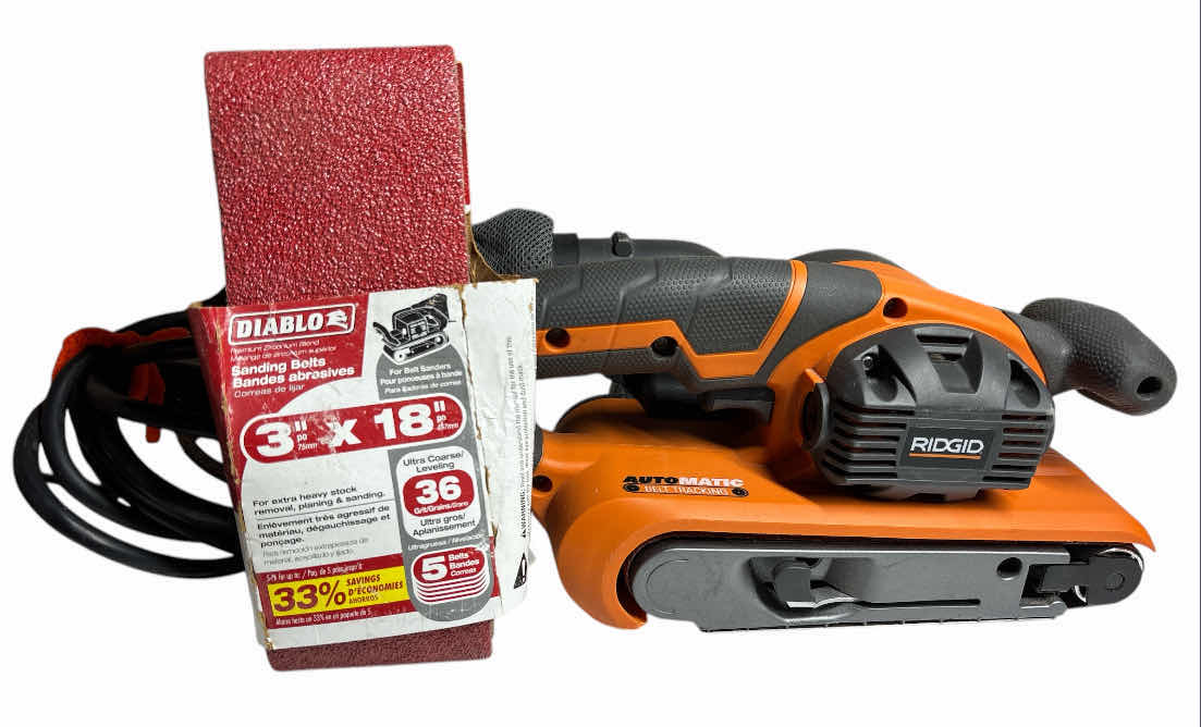 Photo 1 of RIDGID 6.5 AMP CORDED 3” X 18” HEAVY DUTY VARIABLE SPEED BELT SANDER W AIRGUARD TECHNOLOGY (R2740) & DIABLO 3” X 18” ULTRA COARSE 36 GRIT SANDING BELTS (Qty 4)