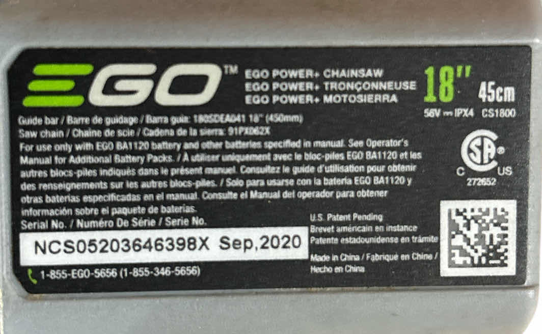 Photo 1 of EGO POWER+ 18” CORDLESS CHAINSAW, INCLUDES 56V BATTERY 5.0Ah & 56V CHARGER (CS1804)