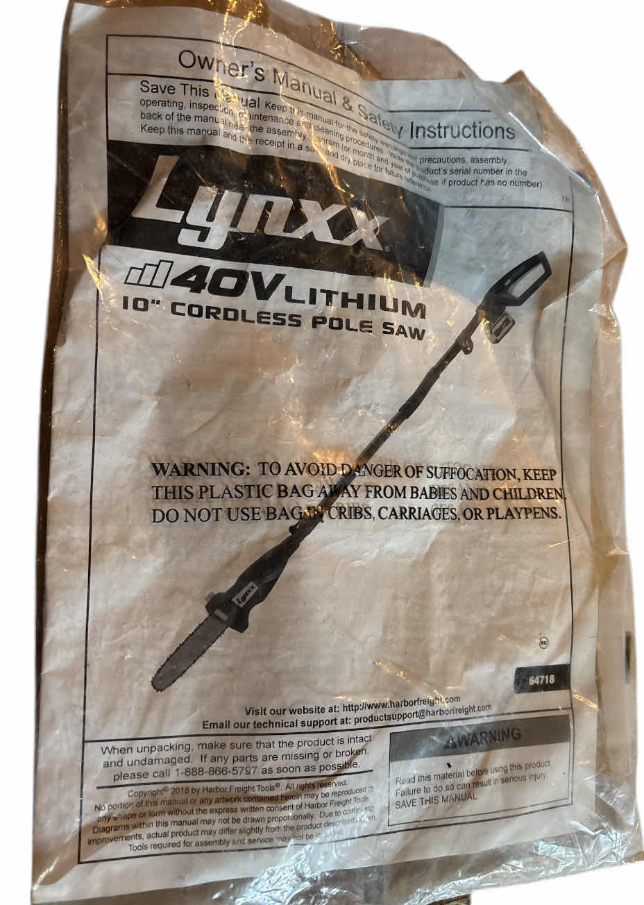 Photo 1 of LYNXX 40V LITHIUM 10” CORDLESS BAR POLE SAW (64718), INCLUDES 40V LITHIUM-ION BATTERY & CHARGER