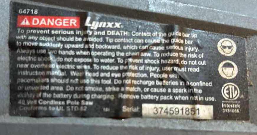 Photo 1 of LYNXX 40V LITHIUM 10” CORDLESS BAR POLE SAW (64718), INCLUDES 40V LITHIUM-ION BATTERY & CHARGER