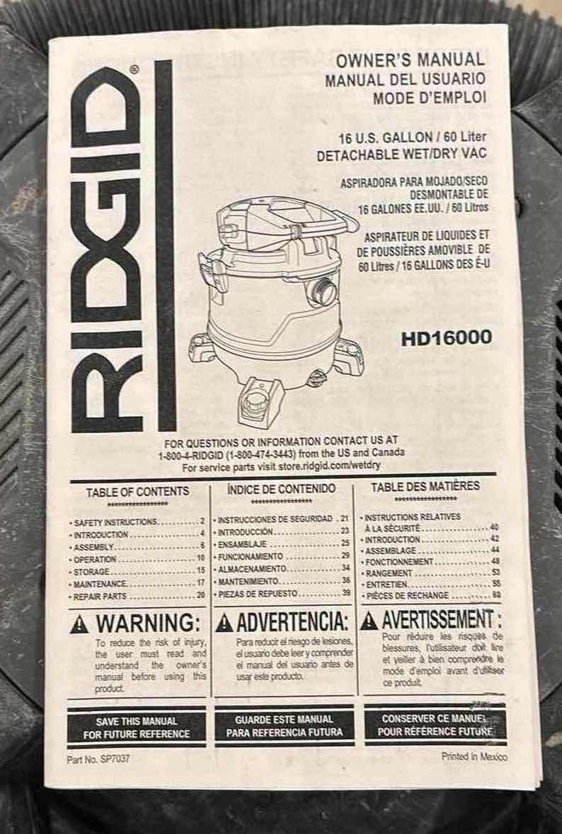 Photo 1 of RIDGID 16 GALLON WET/DRY VAC W DETACHABLE BLOWER (HD1600) & 2-PACK STANDARD FILTERS (VF4200)