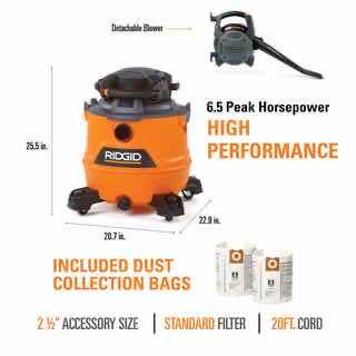 Photo 1 of RIDGID 16 GALLON WET/DRY VAC W DETACHABLE BLOWER (HD1600) & 2-PACK STANDARD FILTERS (VF4200)