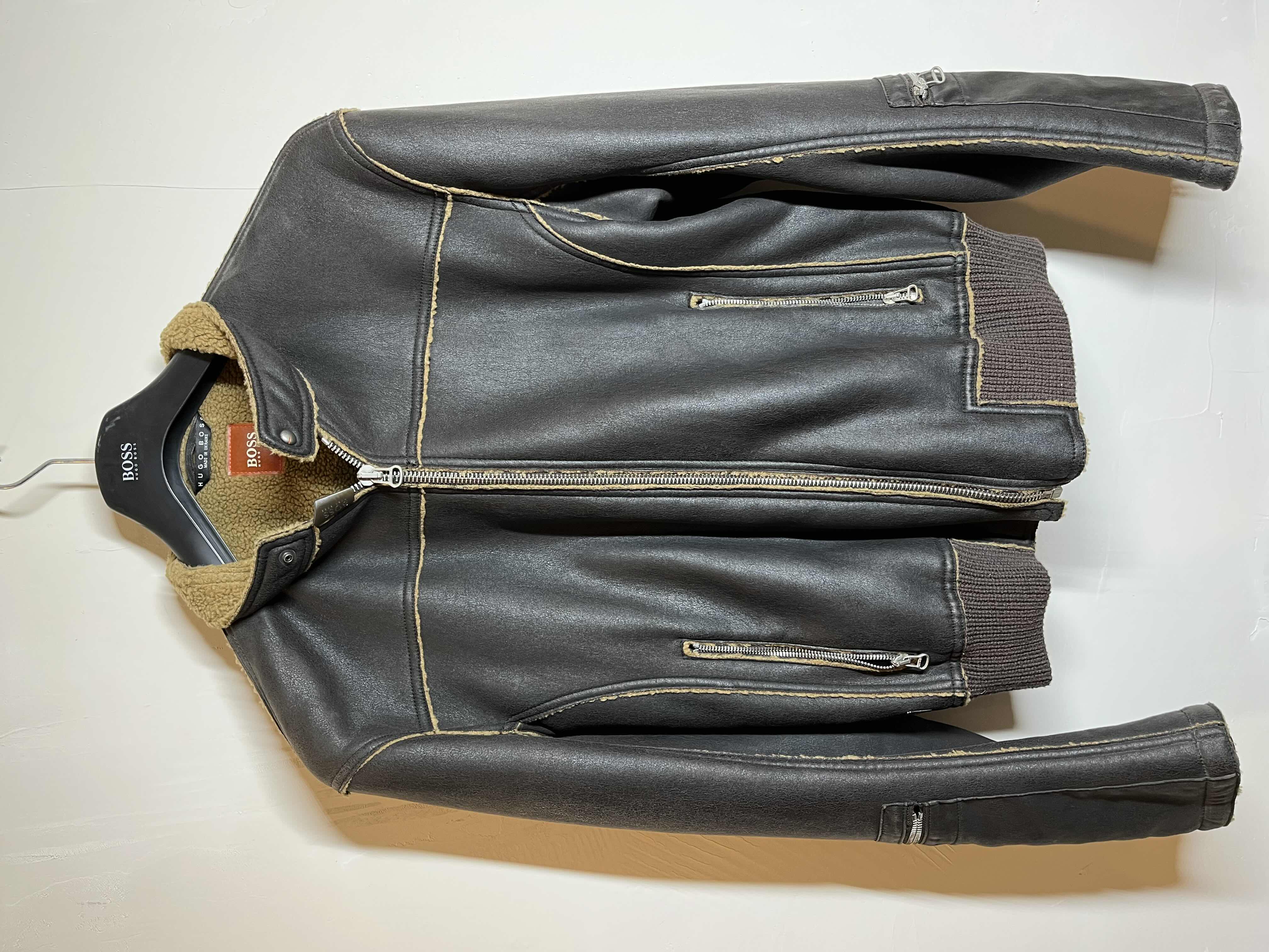 Photo 1 of HUGO BOSS DARK BROWN LEATHER FLIGHT JACKET MENS SIZE 44 W TAG