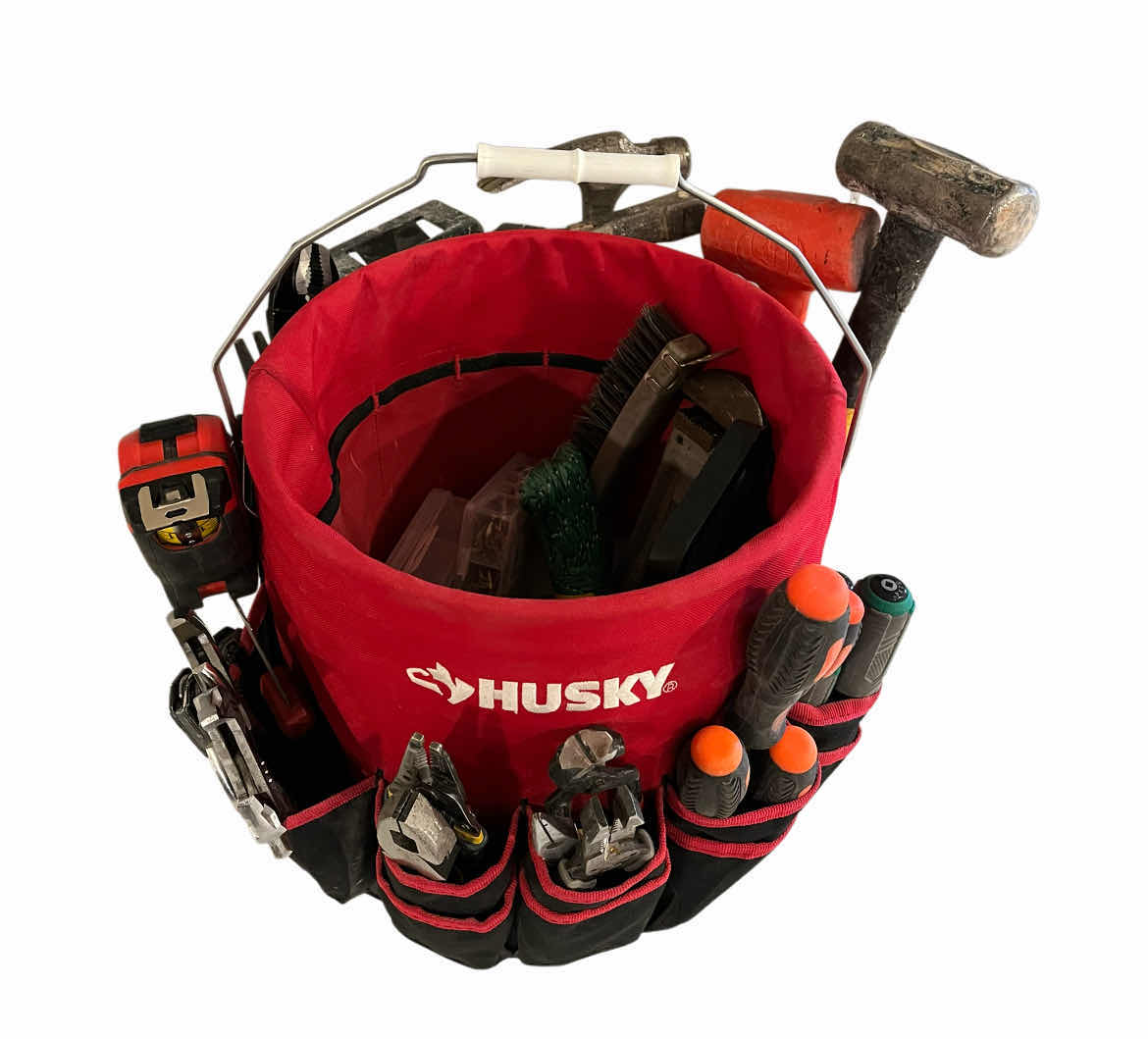 Photo 1 of HUSKY HEAVY-DUTY BUCKET TOOL STORAGE ORGANIZER W ALL PURPOSE TOOLS & HARDWARE (APPROX 40 TOOLS)