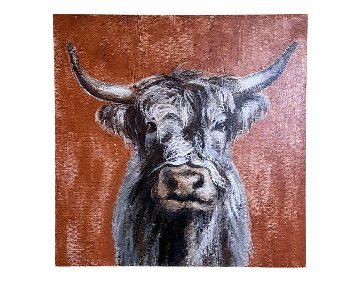 Photo 1 of READY TO HANG HIGHLAND COW ON TERRACOTTA CANVAS PRINTED ARTWORK BY SILVIA VASSILEVA 30” X 30”
