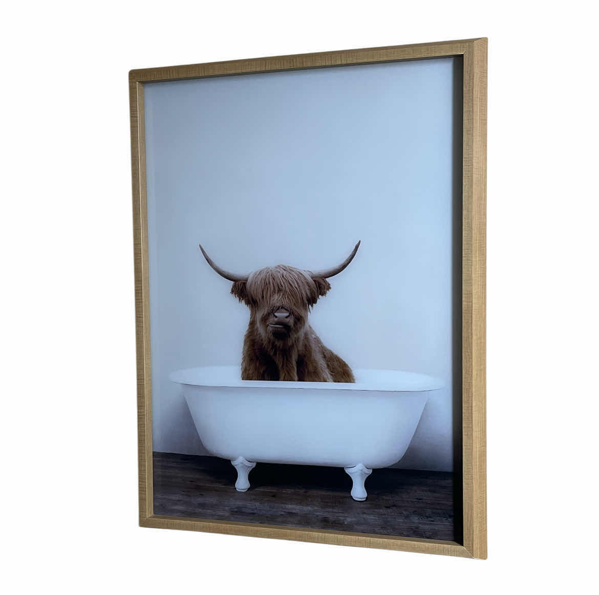 Photo 1 of UNIEK SYLVIE HIGHLAND COW IN TUB GLASS PRINT FRAMED ARTWORK 18” X 24”