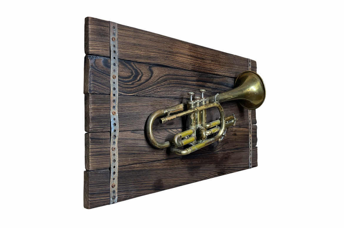 Photo 1 of BRASS CORNET MOUNTED ON WOOD PLANK WALL ART SIGNED BY AARON ANGELO 27.5” X 15”
