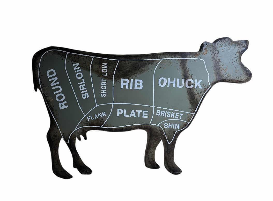 Photo 1 of RUSTIC BEEF BUTCHER CUT DIAGRAM TIN SIGN 32” X 21”