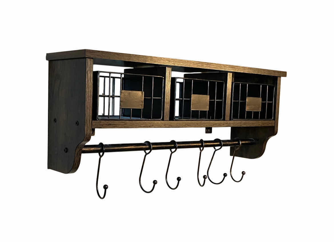 Photo 1 of ROLANSTAR RUSTIC OIL RUBBED BRONZE & WOOD FINISH 3 DRAWER SHELF COAT/KEY RACK 24.25” X 6.75” H11”