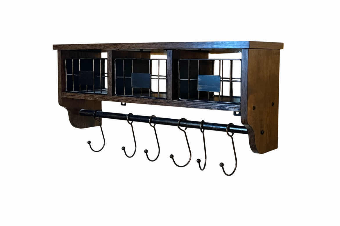 Photo 1 of ROLANSTAR RUSTIC OIL RUBBED BRONZE & WOOD FINISH 3 DRAWER SHELF COAT/KEY RACK 24.25” X 6.75” H11”