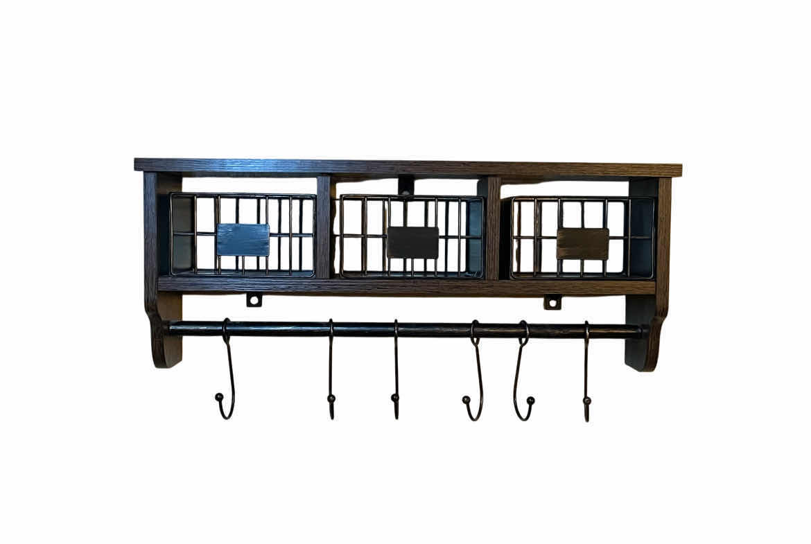 Photo 1 of ROLANSTAR RUSTIC OIL RUBBED BRONZE & WOOD FINISH 3 DRAWER SHELF COAT/KEY RACK 24.25” X 6.75” H11”