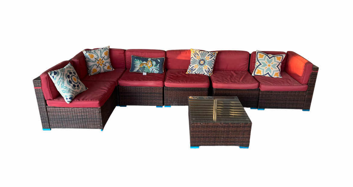 Photo 1 of WOVEN 7PC TWO TONE BROWN PATIO CONVERSATION SEATING SET & GLASS TOP COFFEE TABLE W CUSHIONS & THROW PILLOWS (READ NOTES)