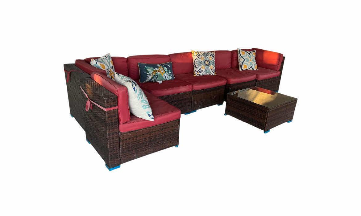 Photo 1 of WOVEN 7PC TWO TONE BROWN PATIO CONVERSATION SEATING SET & GLASS TOP COFFEE TABLE W CUSHIONS & THROW PILLOWS (READ NOTES)