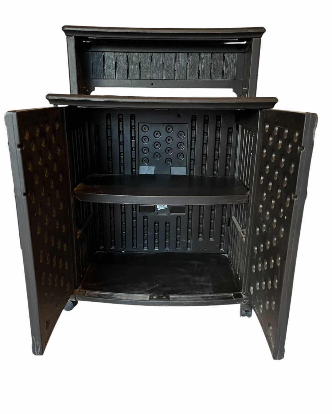 Photo 1 of SUNCAST BLACK WOVEN WOOD FINISH PLASTIC ROLLING CABINET 31.5” X 19” H44”