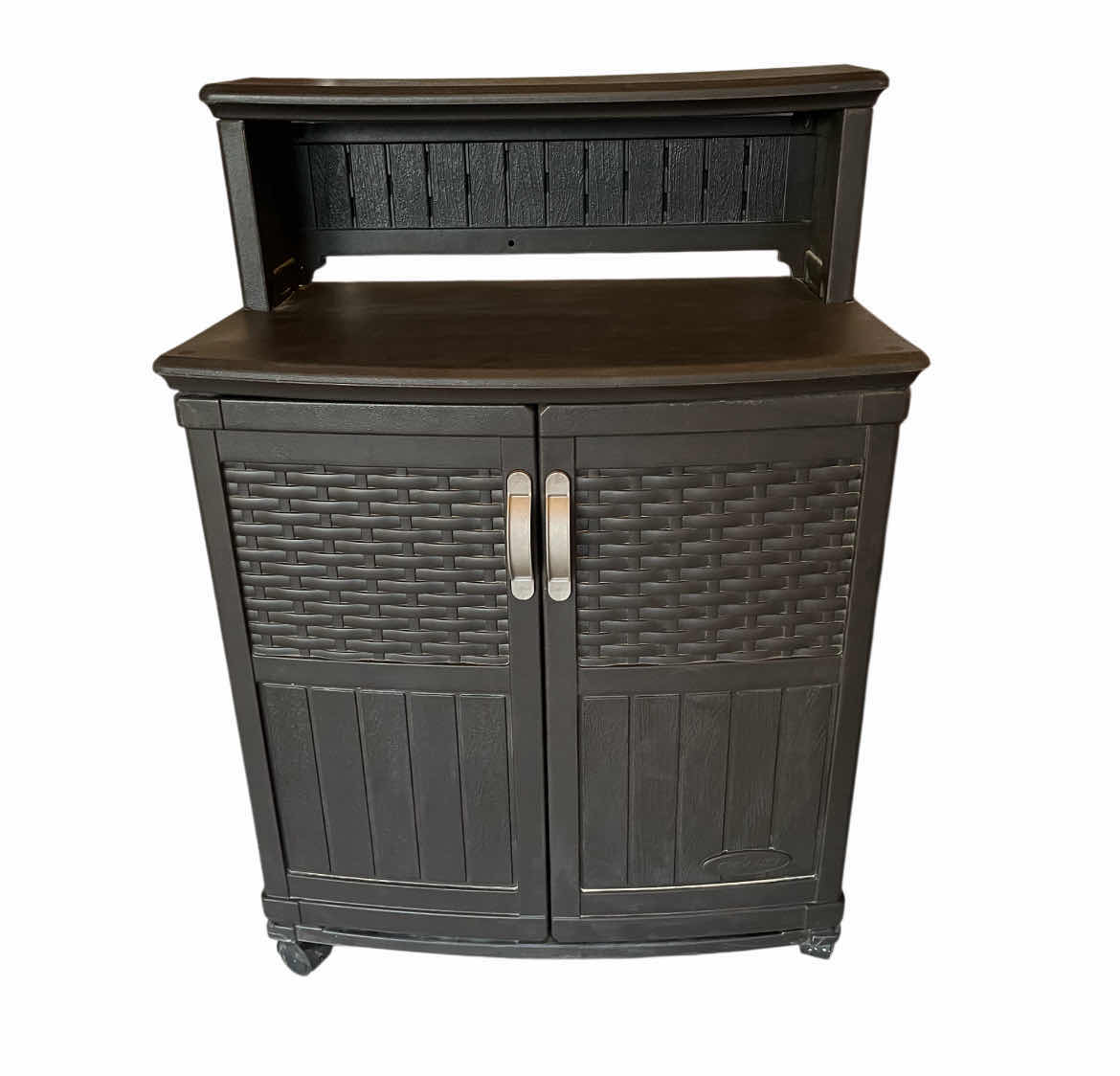 Photo 1 of SUNCAST BLACK WOVEN WOOD FINISH PLASTIC ROLLING CABINET 31.5” X 19” H44”