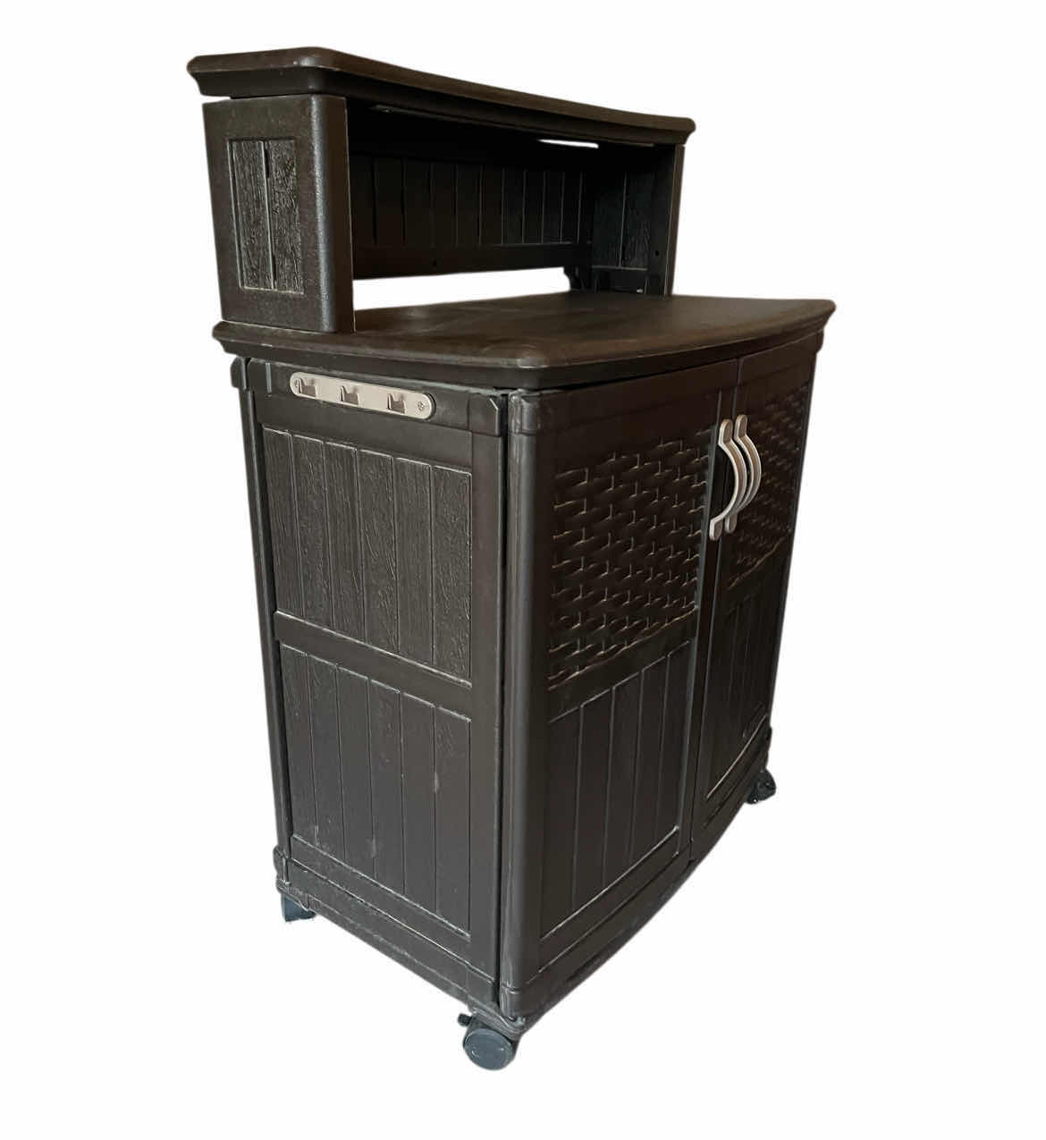 Photo 1 of SUNCAST BLACK WOVEN WOOD FINISH PLASTIC ROLLING CABINET 31.5” X 19” H44”