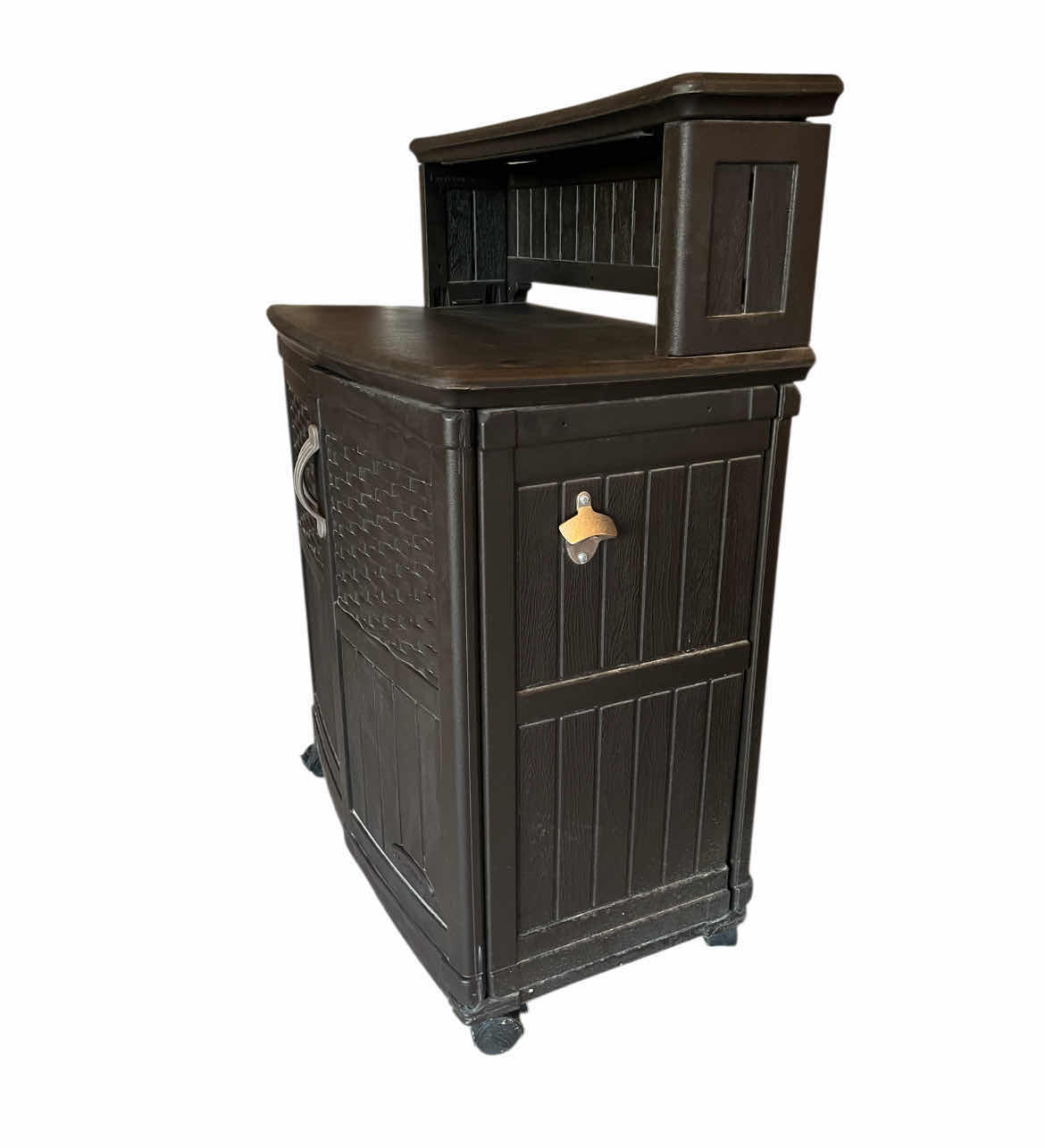 Photo 1 of SUNCAST BLACK WOVEN WOOD FINISH PLASTIC ROLLING CABINET 31.5” X 19” H44”