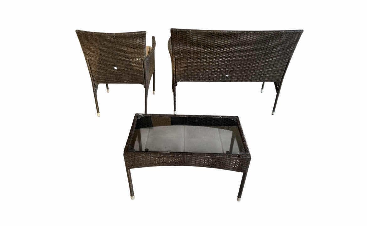 Photo 1 of DARK BRONZE WOVEN PATIO SET- BENCH, ARMCHAIR & TABLE W NEW CUSHION INSERTS (READ NOTES)