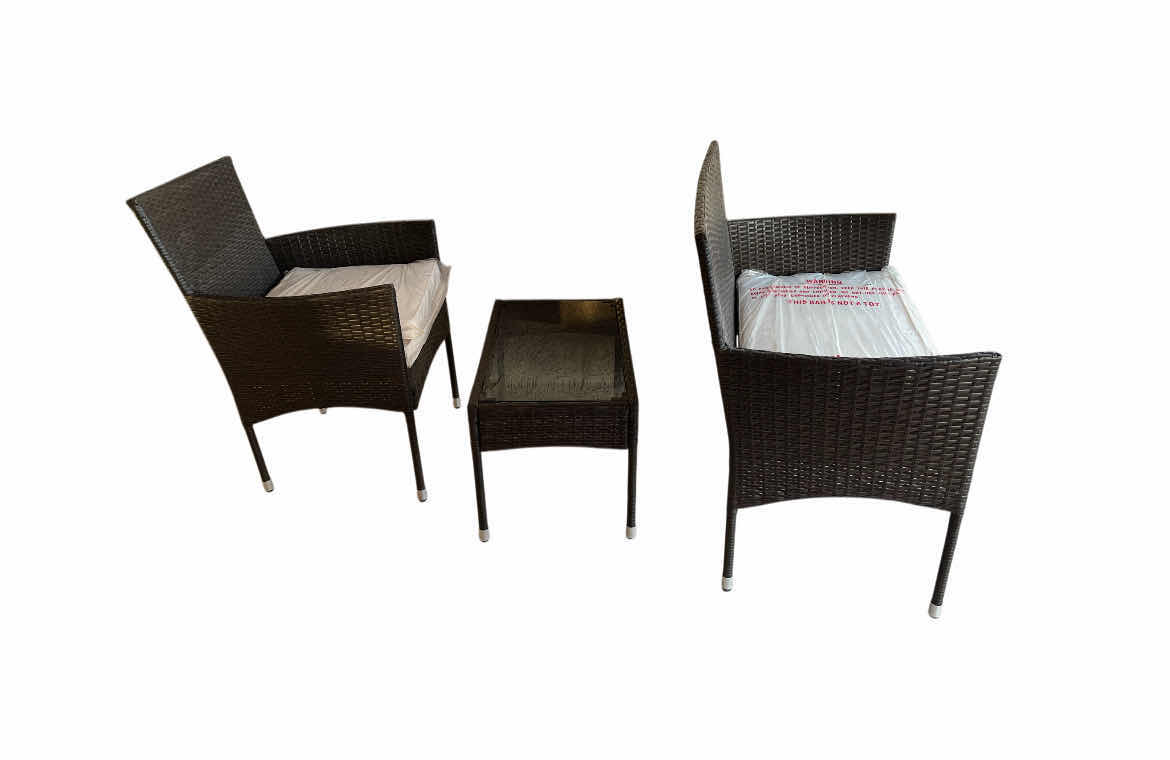 Photo 1 of DARK BRONZE WOVEN PATIO SET- BENCH, ARMCHAIR & TABLE W NEW CUSHION INSERTS (READ NOTES)