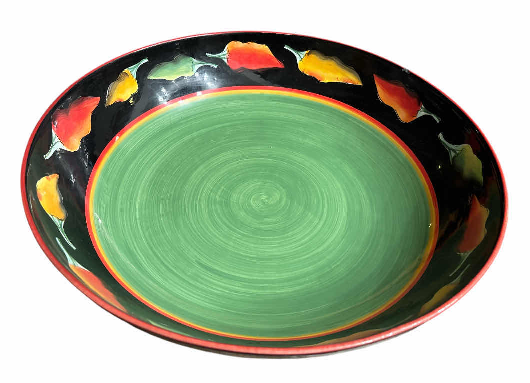 Photo 1 of CLAY ART ‘FIESTA’ 3-PART CONDIMENT SERVER W CENTER HANDLE & 17” ROUND SERVING BOWL, CERAMIC