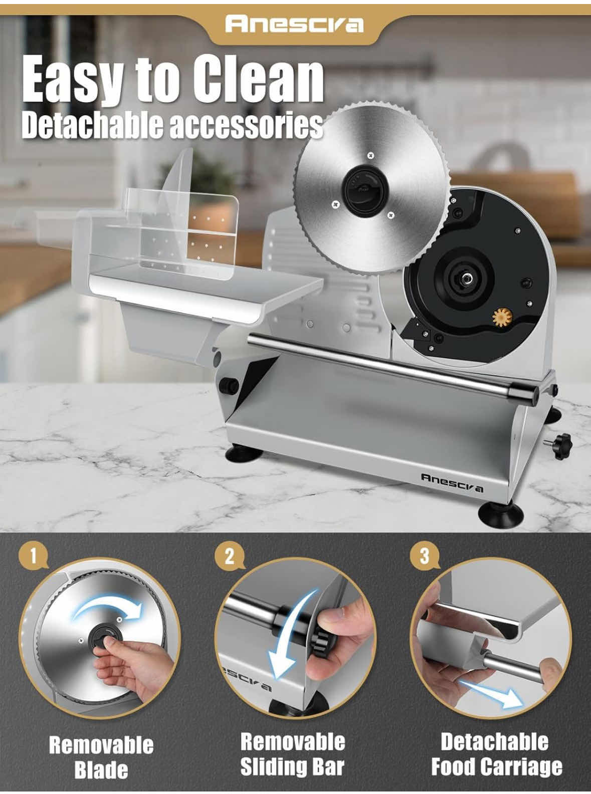 Photo 1 of ANESCRA 200W ELECTRIC DELI FOOD SLICER W REMOVABLE 7.5” STAINLESS STEEL SERRATED BLADE, ADJUSTABLE THICKNESS (SL-520)