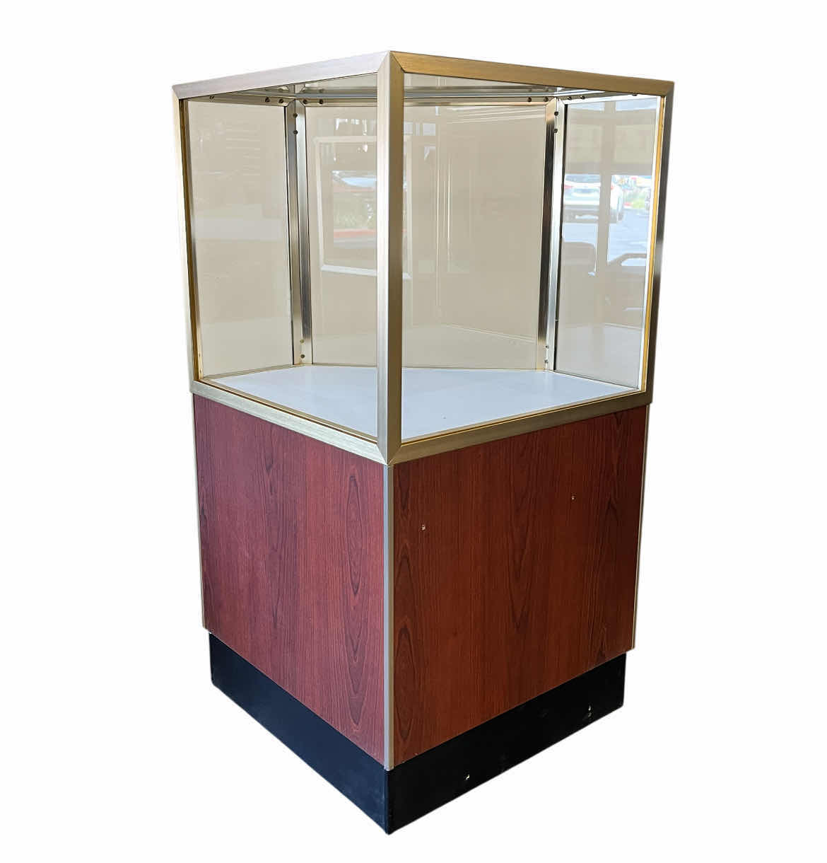 Photo 1 of RETAIL CHERRY WOOD & GOLD FINISH CLEAR GLASS PANEL CORNER COUNTER DISPLAY CASE 28.5” X 20” H38”
