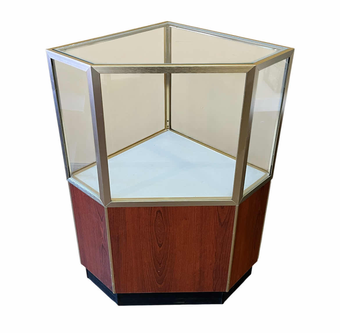 Photo 1 of RETAIL CHERRY WOOD & GOLD FINISH CLEAR GLASS PANEL CORNER COUNTER DISPLAY CASE 28.5” X 20” H38”