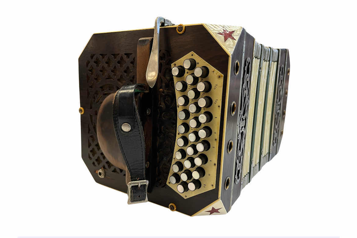 Photo 1 of E.GLASS & SONS BANDONEON CONCERTINA W LEATHER WRAPPED WOOD CASE