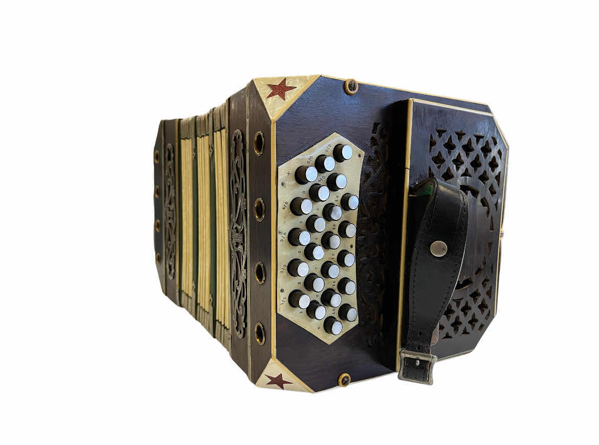 Photo 1 of E.GLASS & SONS BANDONEON CONCERTINA W LEATHER WRAPPED WOOD CASE