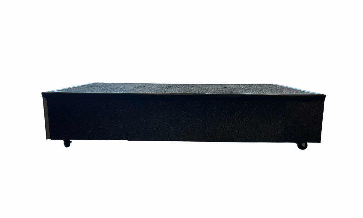 Photo 1 of COMMERCIAL RETAIL SLATE GRAY CARPET TILED ROLLING STAGE PLATFORM 85” X 49” H18”
