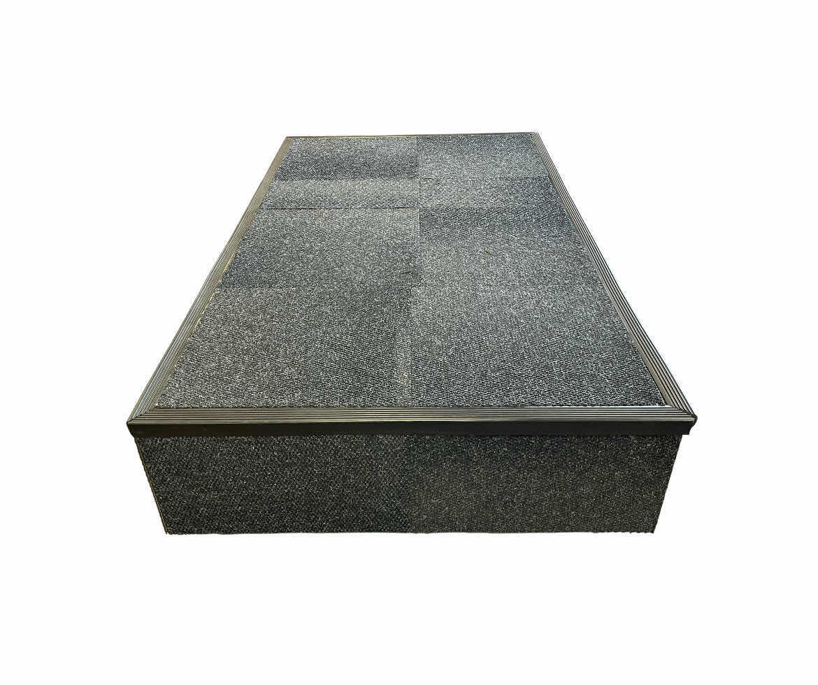 Photo 1 of COMMERCIAL RETAIL SLATE GRAY CARPET TILED ROLLING STAGE PLATFORM 85” X 49” H18”