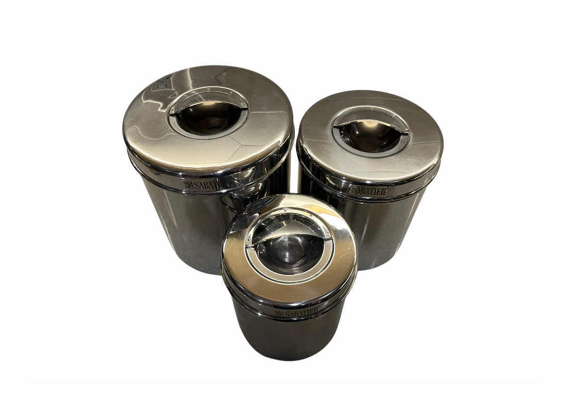 Photo 1 of SABATIER STAINLESS STEEL KITCHEN CONTAINERS (3) 6.5”,5.5”,4.5” X 7.5”,6.5”,5.5”