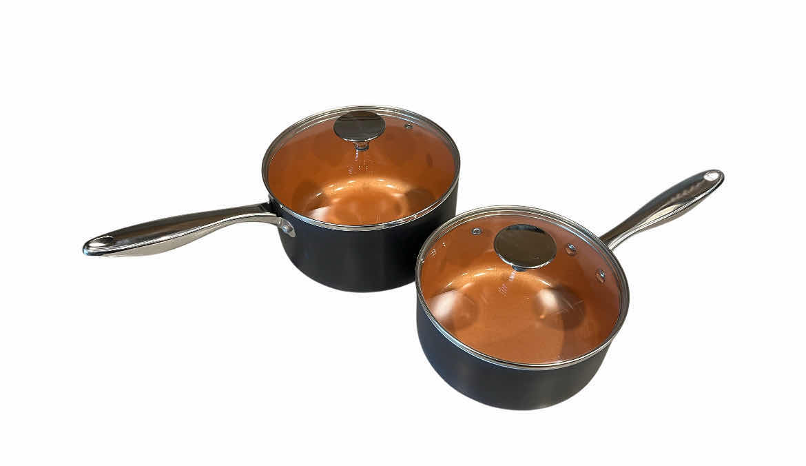 Photo 1 of MICHELANGELO SUPER NON-STICK 2PC 1QT/2QT COPPER SAUCE PANS SET W LIDS
