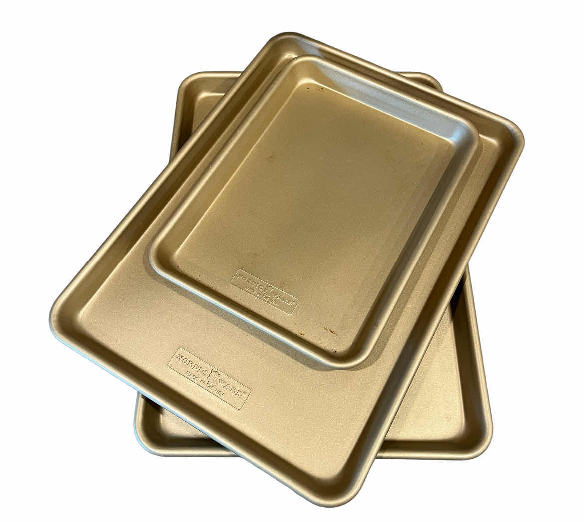 Photo 1 of NORDICWARE GOLD 3PC BAKING SHEET PANS HALF PANS (2) 1QT PAN
