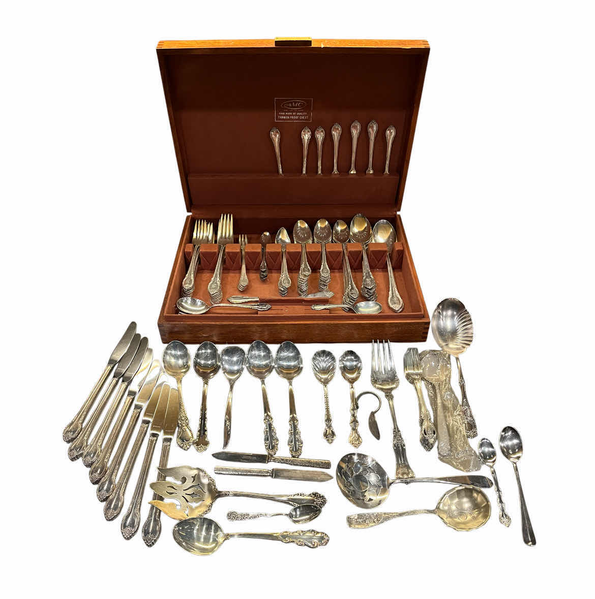 Photo 1 of ROGERS BROS IS 1847 REMEMBRANCE 77PC SILVERWARE SET W AMC WOOD CHEST & MIXED STERLING, SILVER-PLATED, STAINLESS FLATWARE