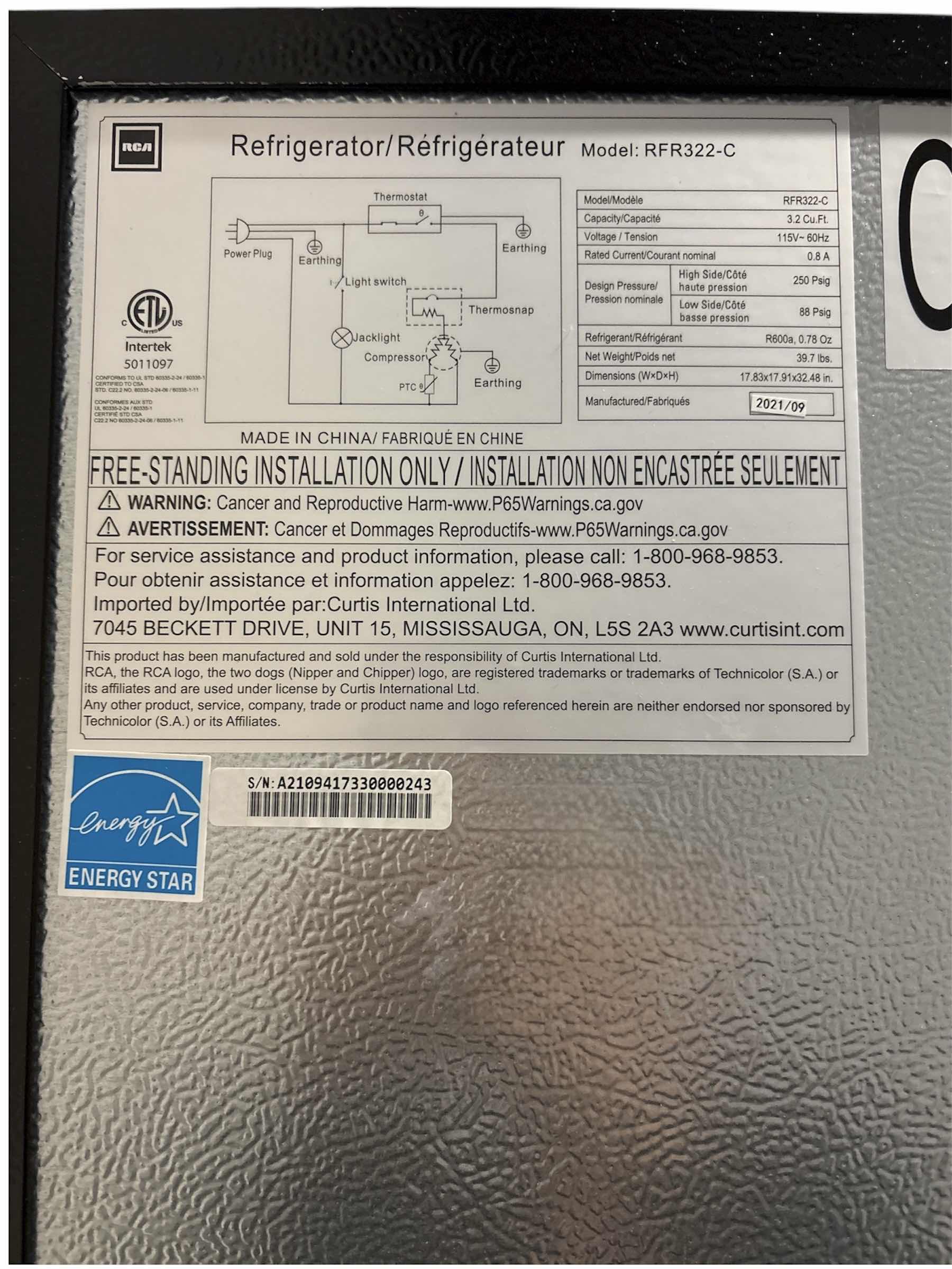 Photo 1 of RCA MINI FRIDGE 3.2 CU FT.