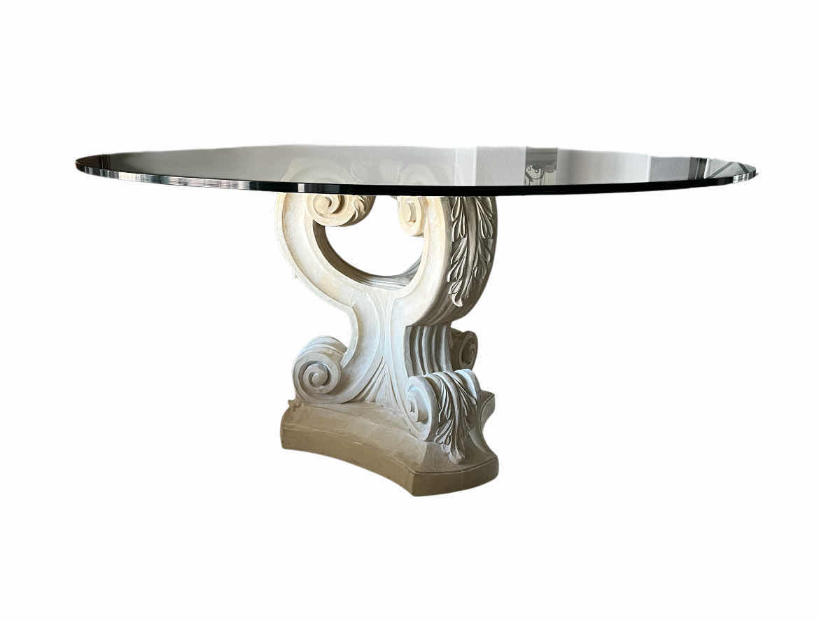 Photo 1 of BALLARD DESIGNS CERAMIC PEDESTAL ROUND 0.5” THICK GLASS TOP DINING TABLE 60” X 29.5” (READ NOTES)
