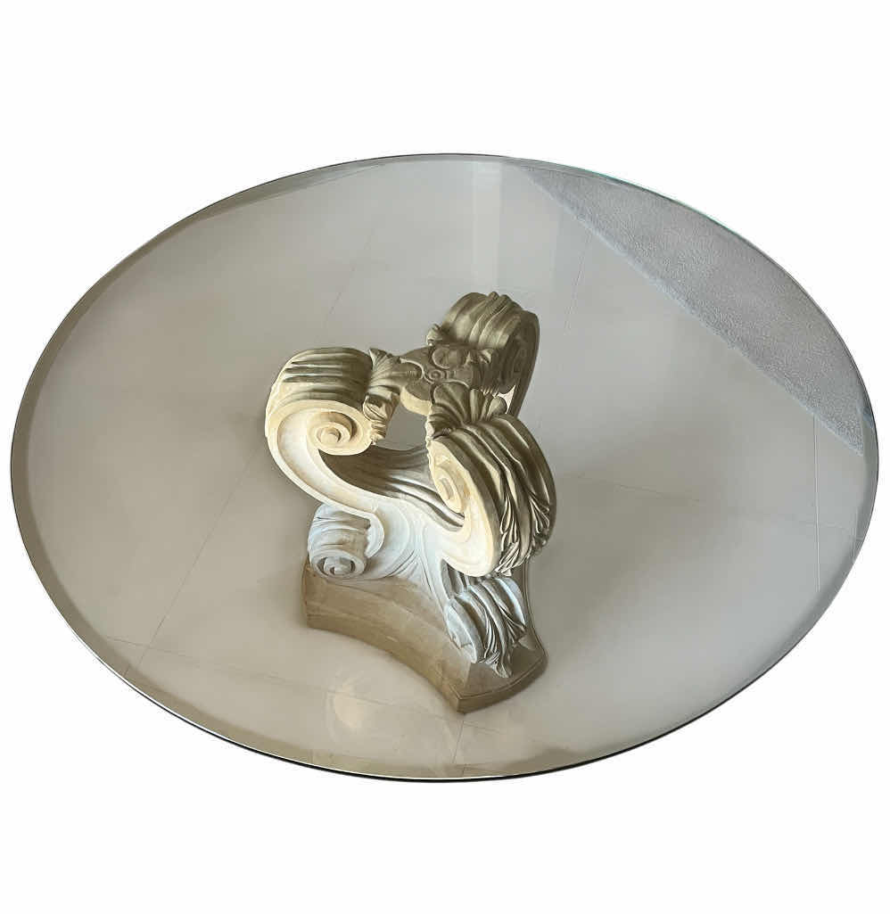 Photo 1 of BALLARD DESIGNS CERAMIC PEDESTAL ROUND 0.5” THICK GLASS TOP DINING TABLE 60” X 29.5” (READ NOTES)