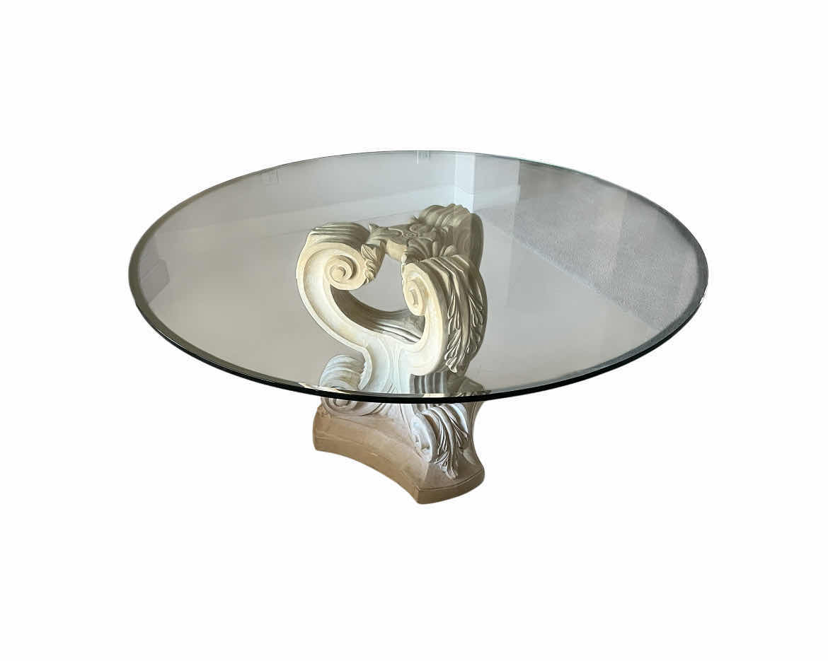 Photo 1 of BALLARD DESIGNS CERAMIC PEDESTAL ROUND 0.5” THICK GLASS TOP DINING TABLE 60” X 29.5” (READ NOTES)