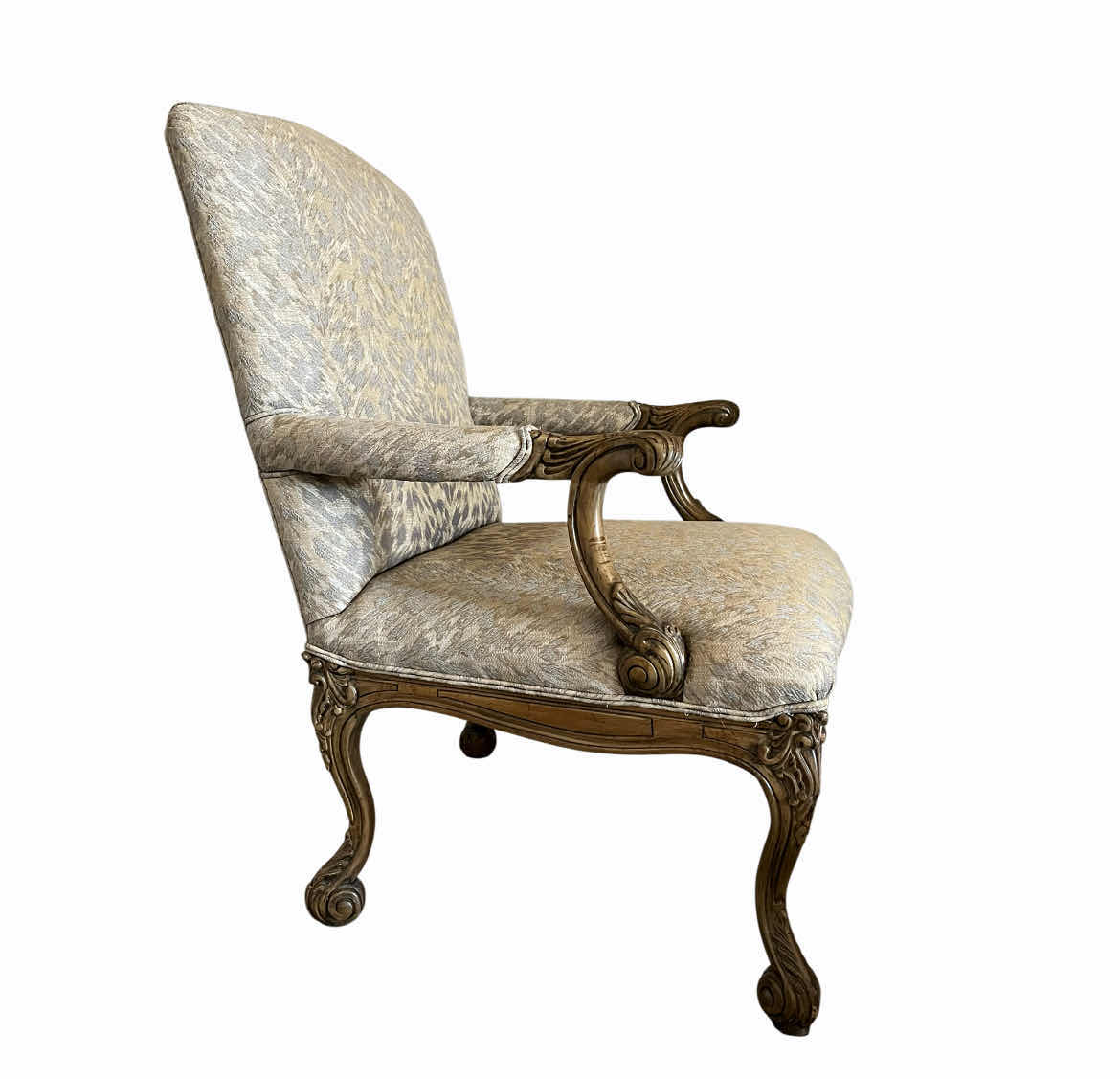 Photo 1 of SHERRILL VICTORIAN STYLE LEOPARD PRINT UPHOLSTERED ORNATE WOOD CARVED ARM CHAIR 27” X 30” H39”